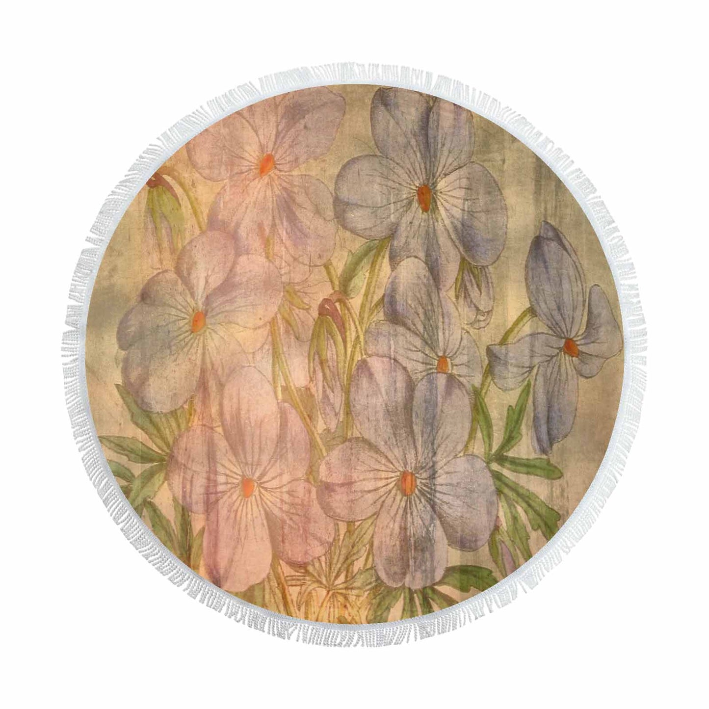 Vintage Floral circular plush beach towel, fringe edges, Design 13xx