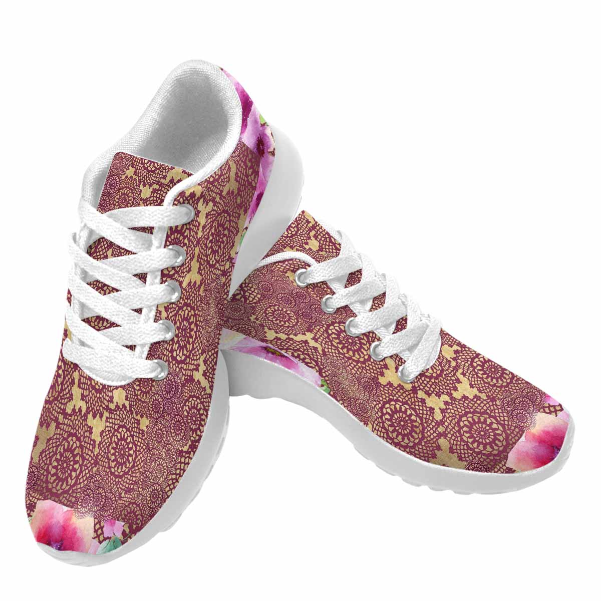 Victorian lace print, womens cute casual or running sneakers, design 13