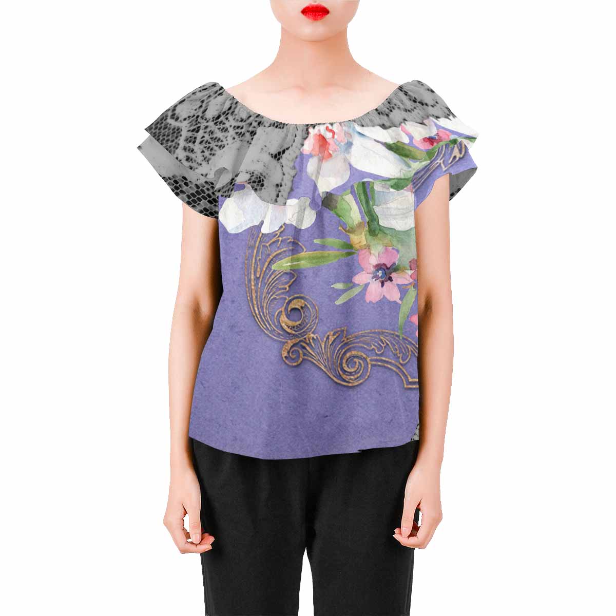 Victorian Lace print Chiffon Blouse, design 45