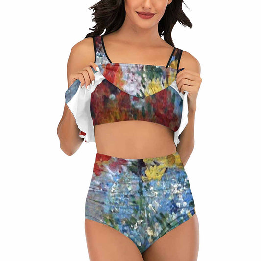 Vintage floral high waisted flounce top bikini, swim wear, Design 41