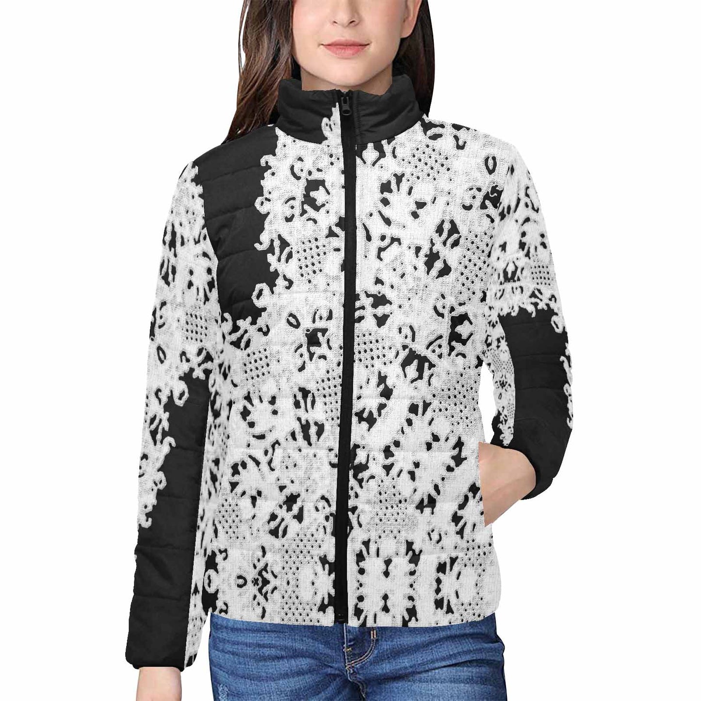 Victorian Lace print womens padded quilted jacket, design 50