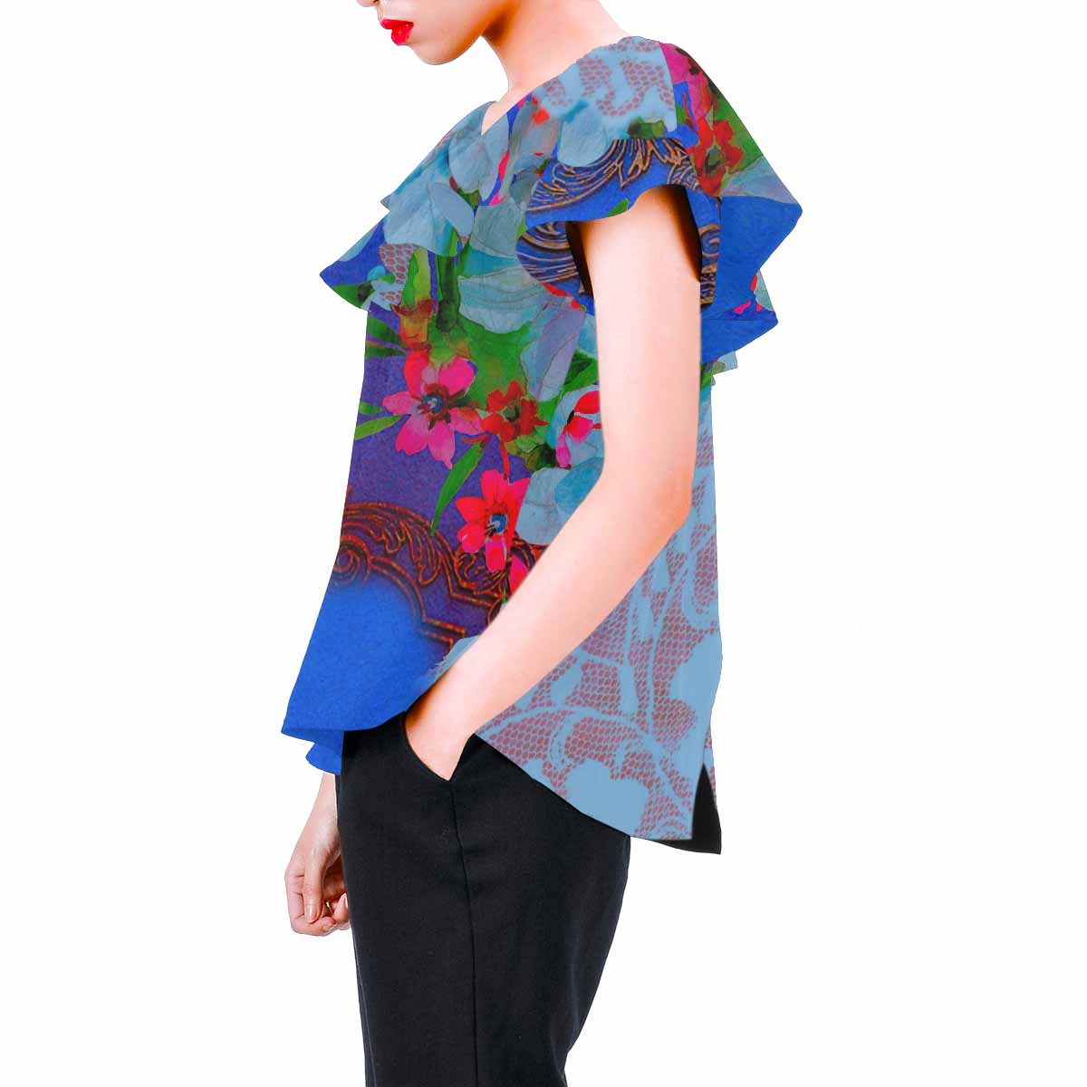 Victorian Lace print Chiffon Blouse, design 46