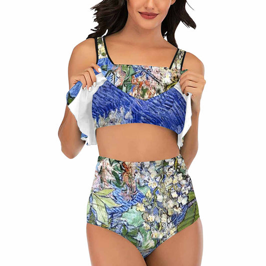 Vintage floral high waisted flounce top bikini, swim wear, Design 04