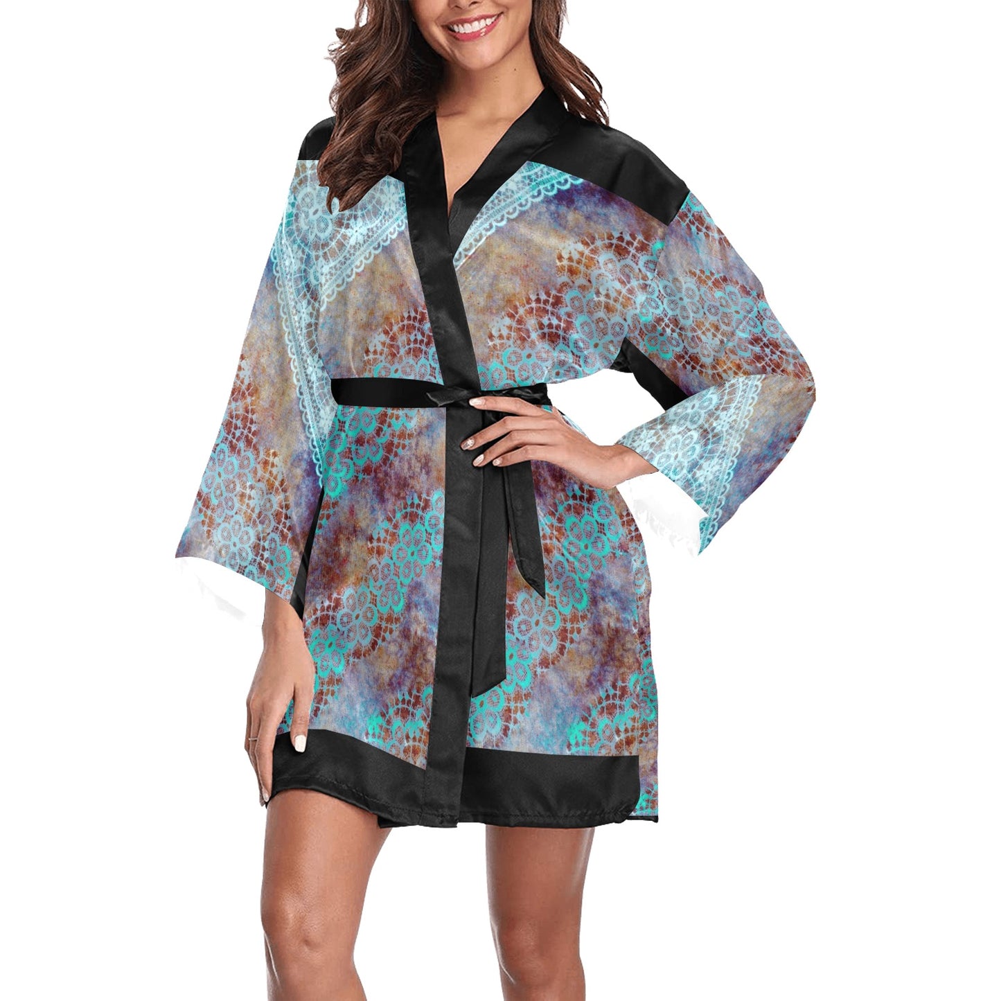 Victorian Lace Kimono Robe, Black or White Trim, Sizes XS to 2XL, Design 37