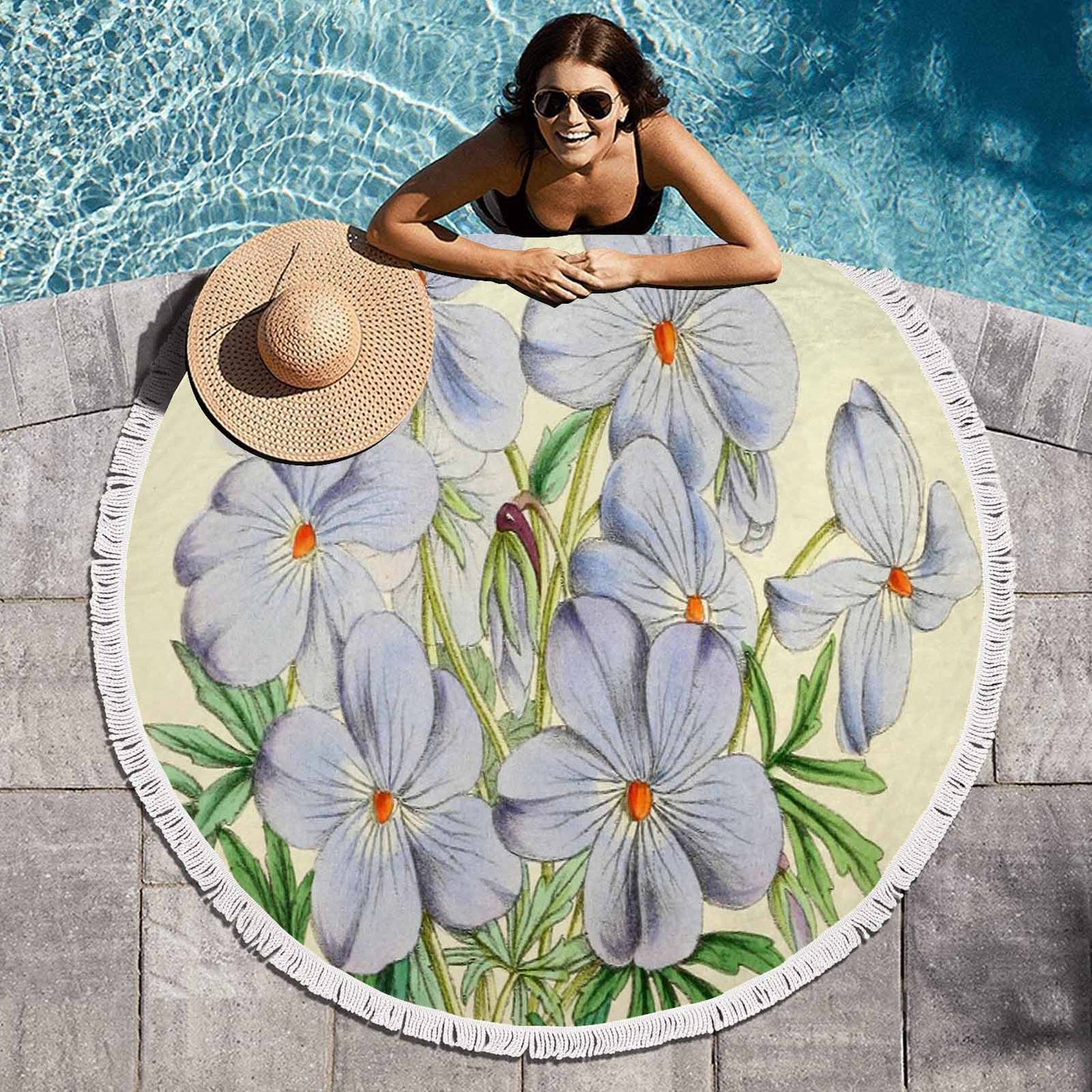 Vintage Floral circular plush beach towel, fringe edges, Design 13