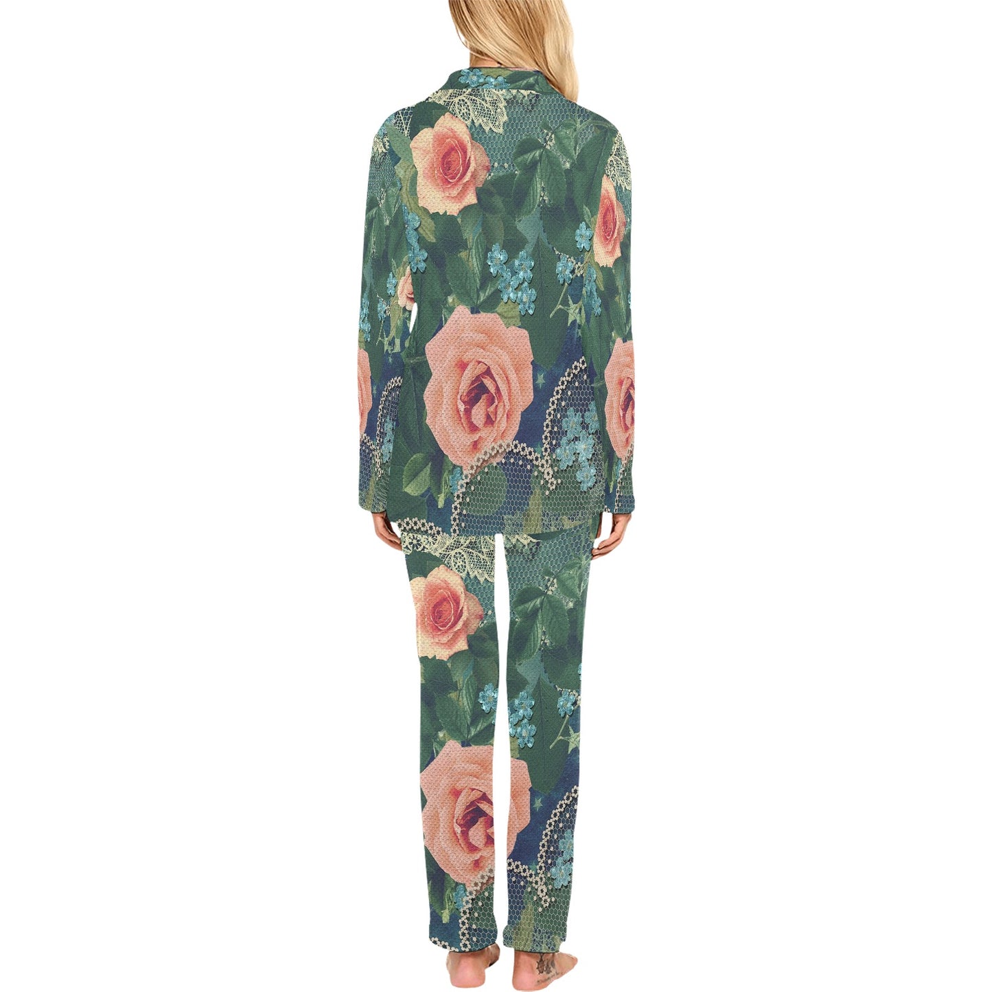 Victorian printed lace pajama set, design 01 Women's Long Pajama Set (Sets 02)