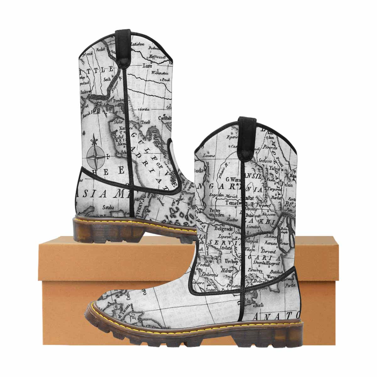 Antique Map design mens western lumber boots, Design 20