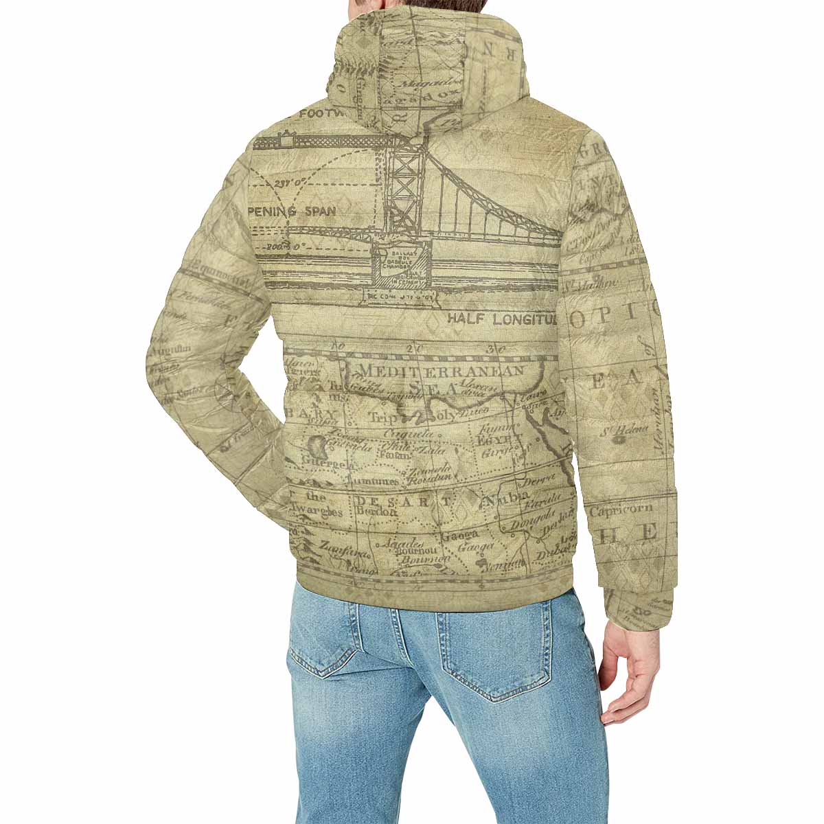 Antique Map design, mens lightweight, warm, quilted hooded bomber jacket, design, 1
