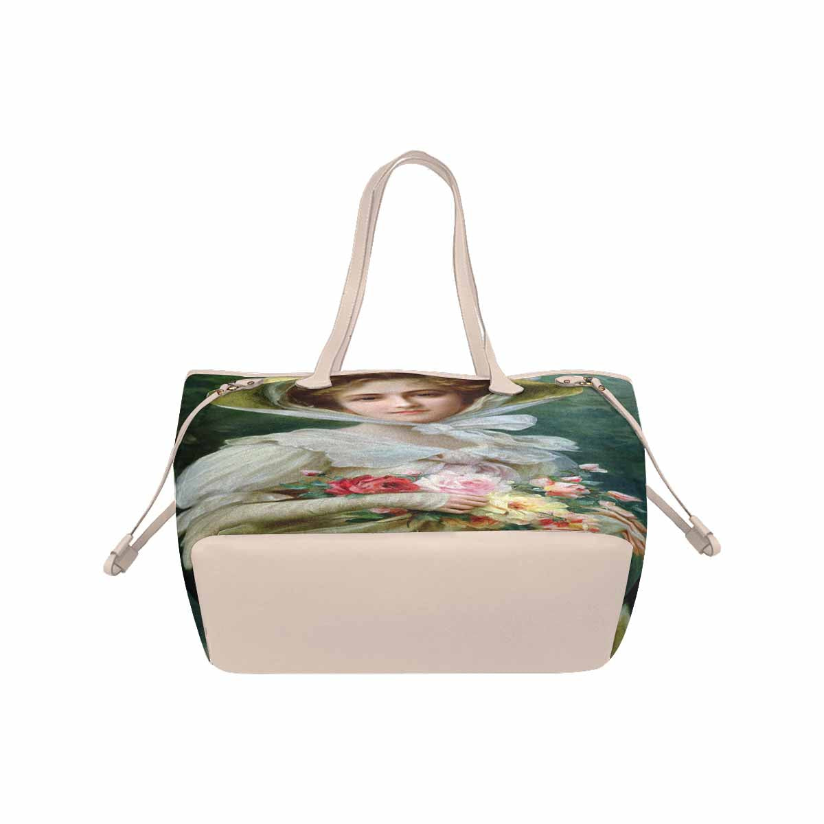 Victorian Lady Design Handbag, Model 1695361, Elegant Lady With A Bouquet of Roses 1, BEIGE/TAN TRIM