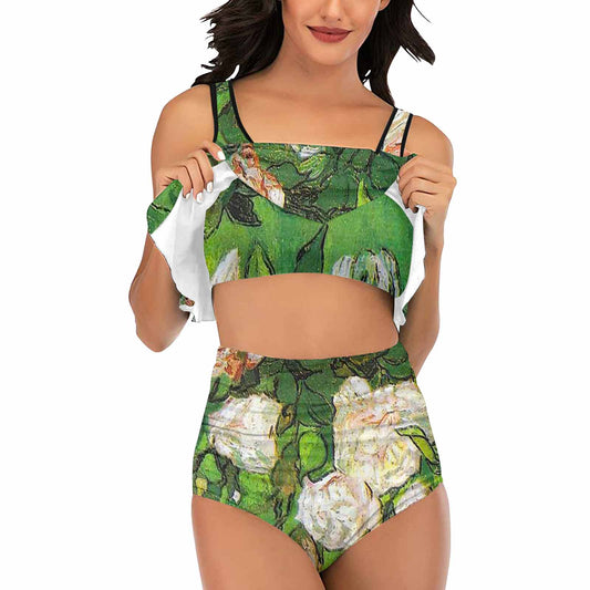 Vintage floral high waisted flounce top bikini, swim wear, Design 06