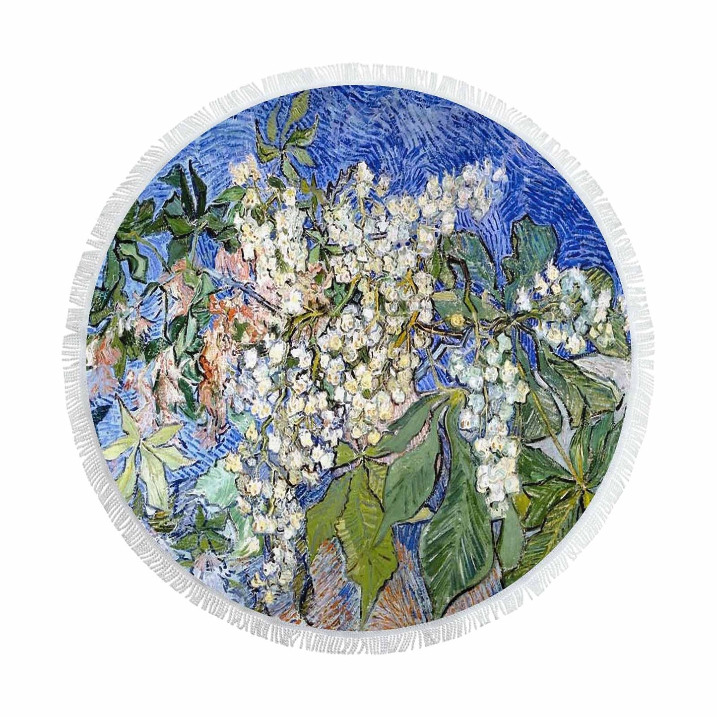 Vintage Floral circular plush beach towel, fringe edges, Design 04