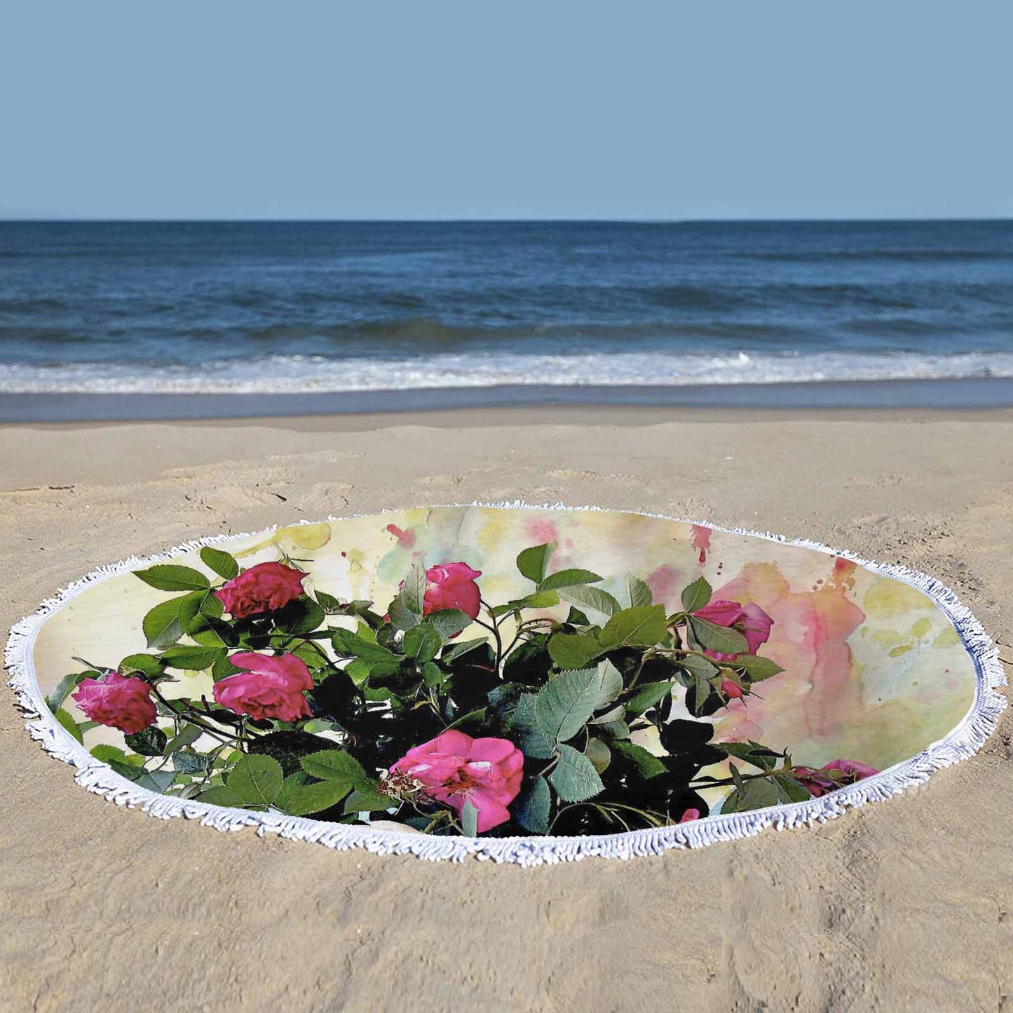 Vintage Floral circular plush beach towel, fringe edges, Design 22