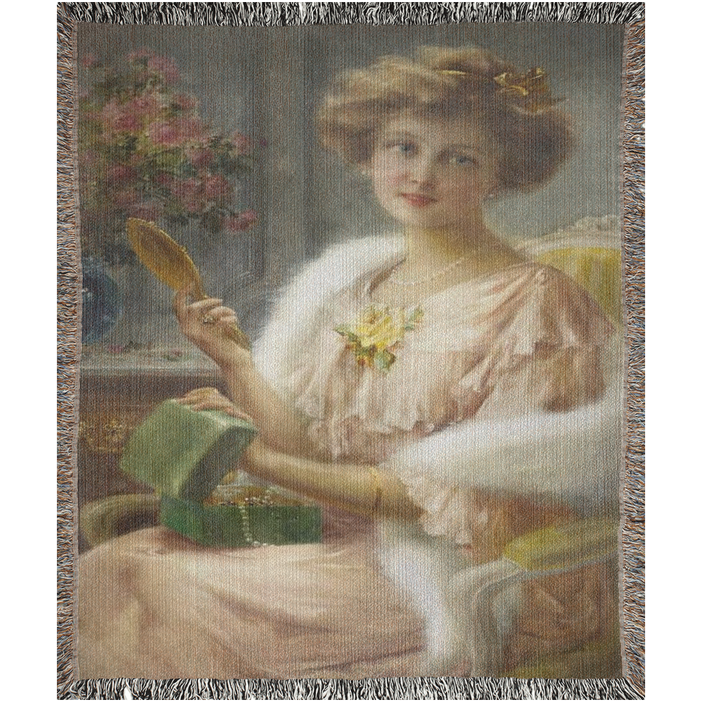 100% cotton Victorian Lady design design woven blanket, 50 x 60 or 60 x 80in, A young lady with a mirror