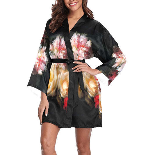 Vintage Floral Kimono Robe, Black or White Trim, Sizes XS to 2XL, Design 30