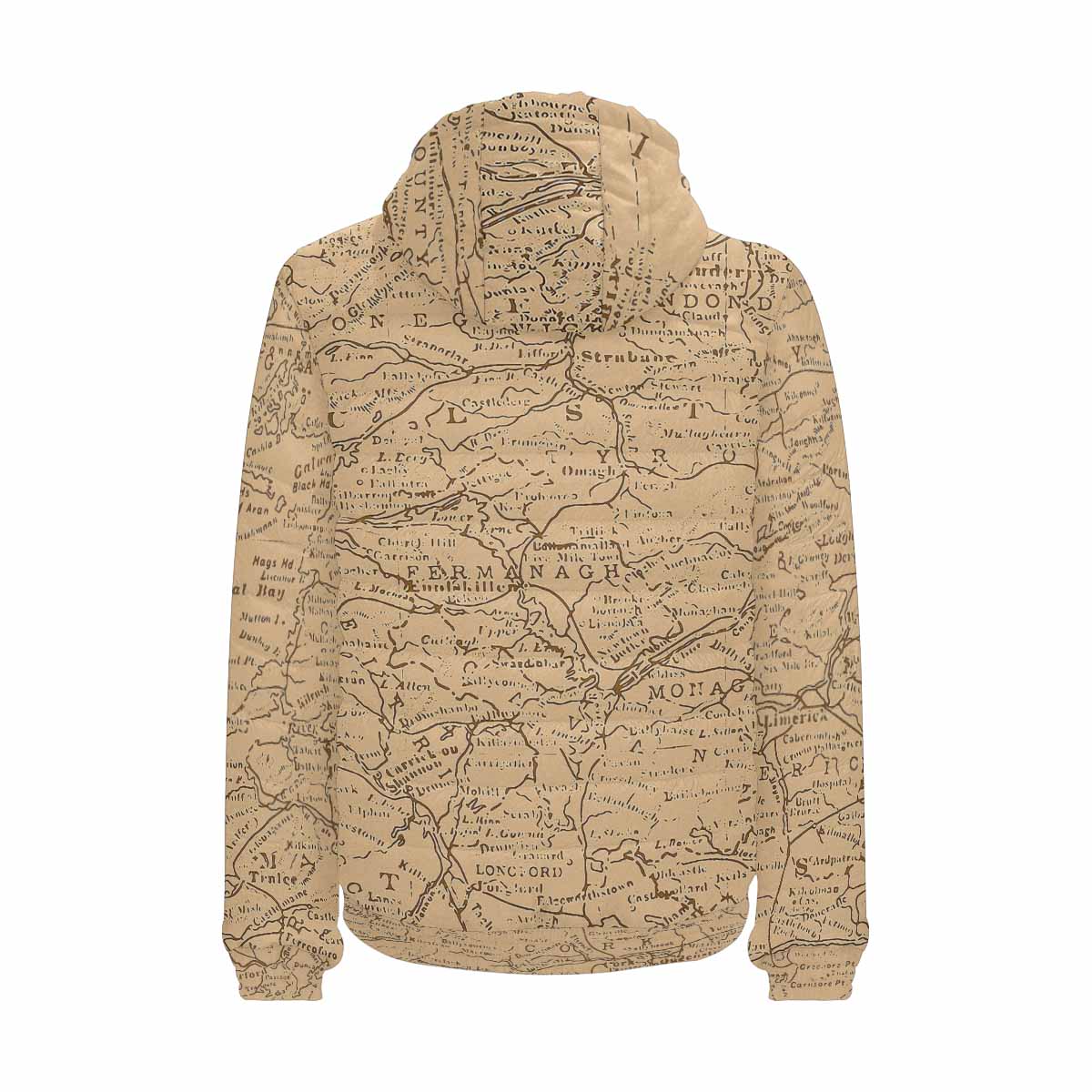 Antique Map design, mens lightweight, warm, quilted hooded bomber jacket, design, 51