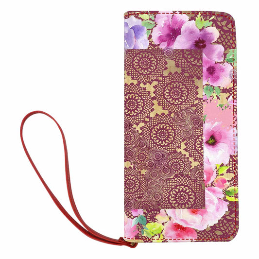 Victorian lace print womens wallet, clutch purse, red trim, design 13