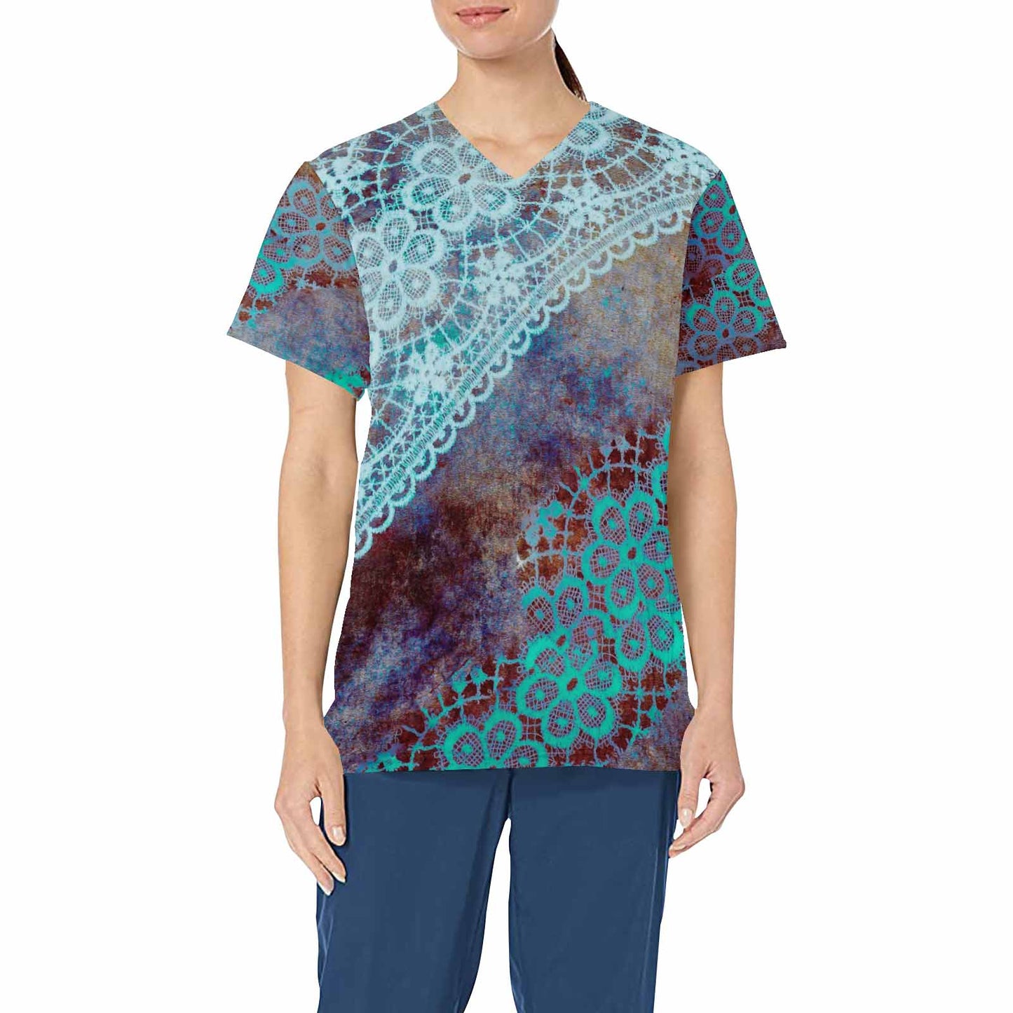 Victorian lace print professional scrubs, nurses scrub, unisex, design 37