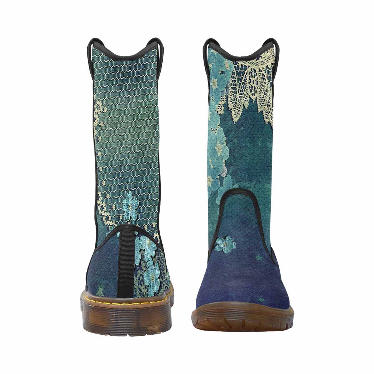 Victorian lace print, western lumber boots, design 04