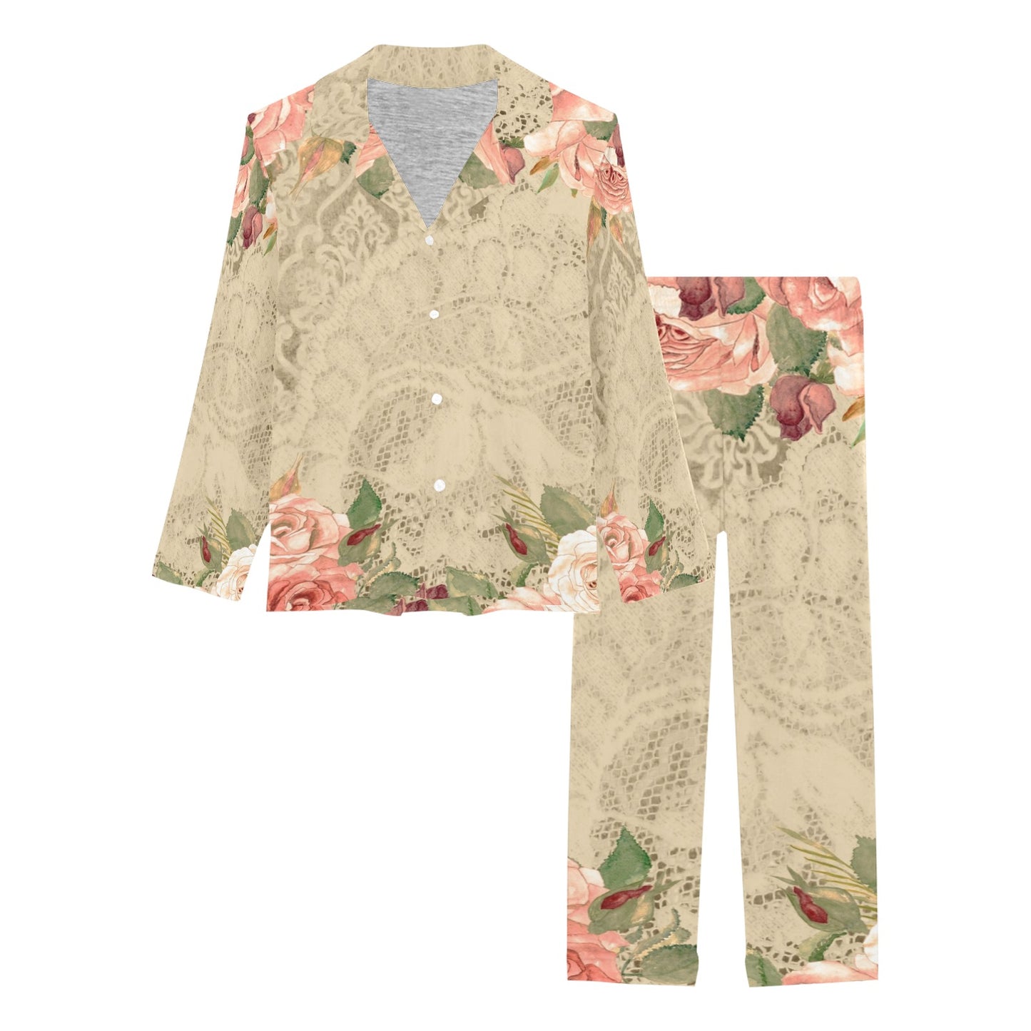 Victorian printed lace pajama set, design 25 Women's Long Pajama Set (Sets 02)