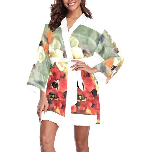 Vintage Floral Kimono Robe, Black or White Trim, Sizes XS to 2XL, Design 14