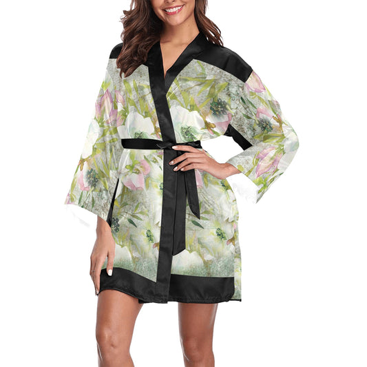 Vintage Floral Kimono Robe, Black or White Trim, Sizes XS to 2XL, Design 03