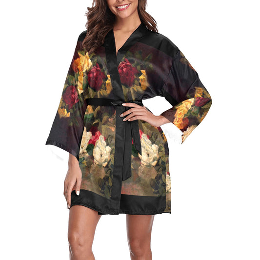 Vintage Floral Kimono Robe, Black or White Trim, Sizes XS to 2XL, Design 37