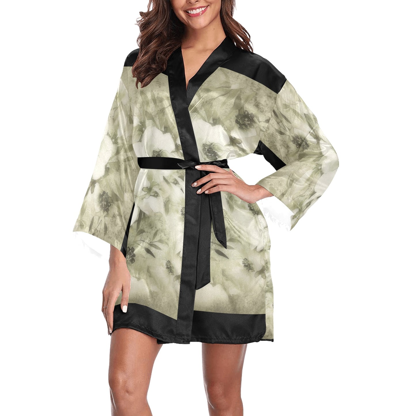Vintage Floral Kimono Robe, Black or White Trim, Sizes XS to 2XL, Design 03x