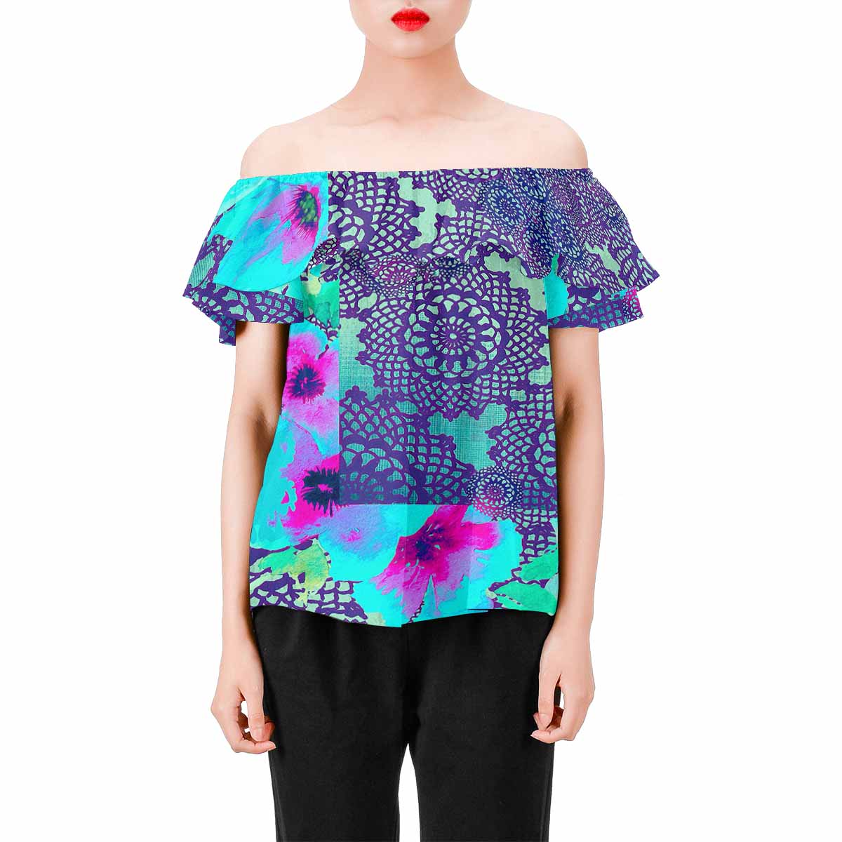 Victorian Lace print Chiffon Blouse, design 14