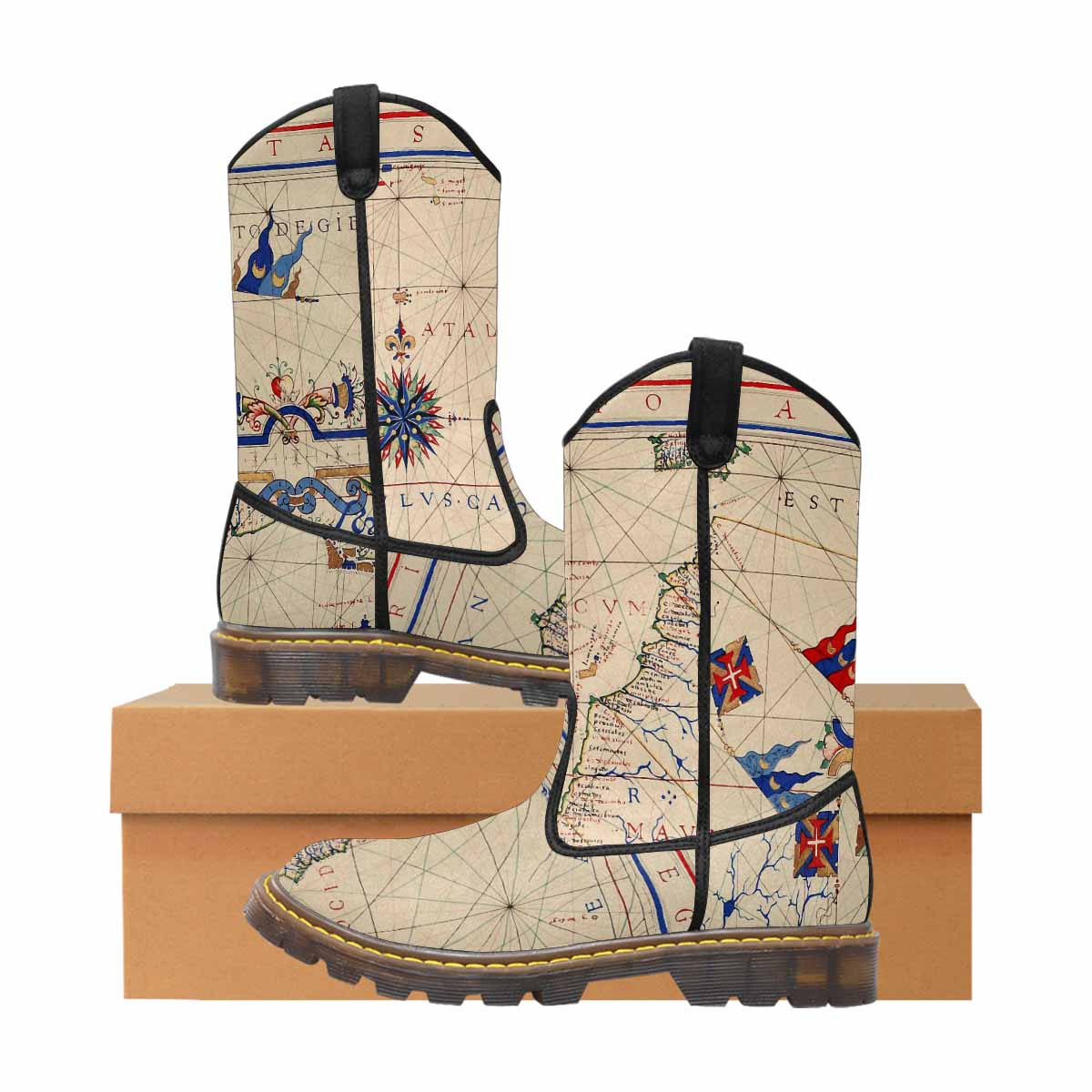 Antique Map design mens western lumber boots, Design 45