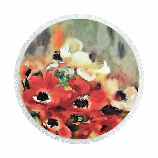 Vintage Floral circular plush beach towel, fringe edges, Design 14