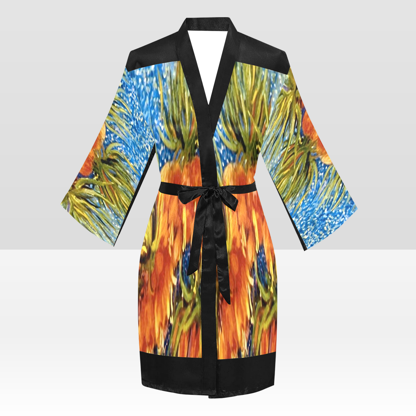Vintage Floral Kimono Robe, Black or White Trim, Sizes XS to 2XL, Design 42
