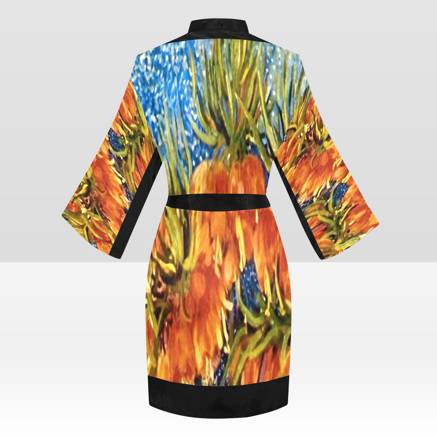 Vintage Floral Kimono Robe, Black or White Trim, Sizes XS to 2XL, Design 42