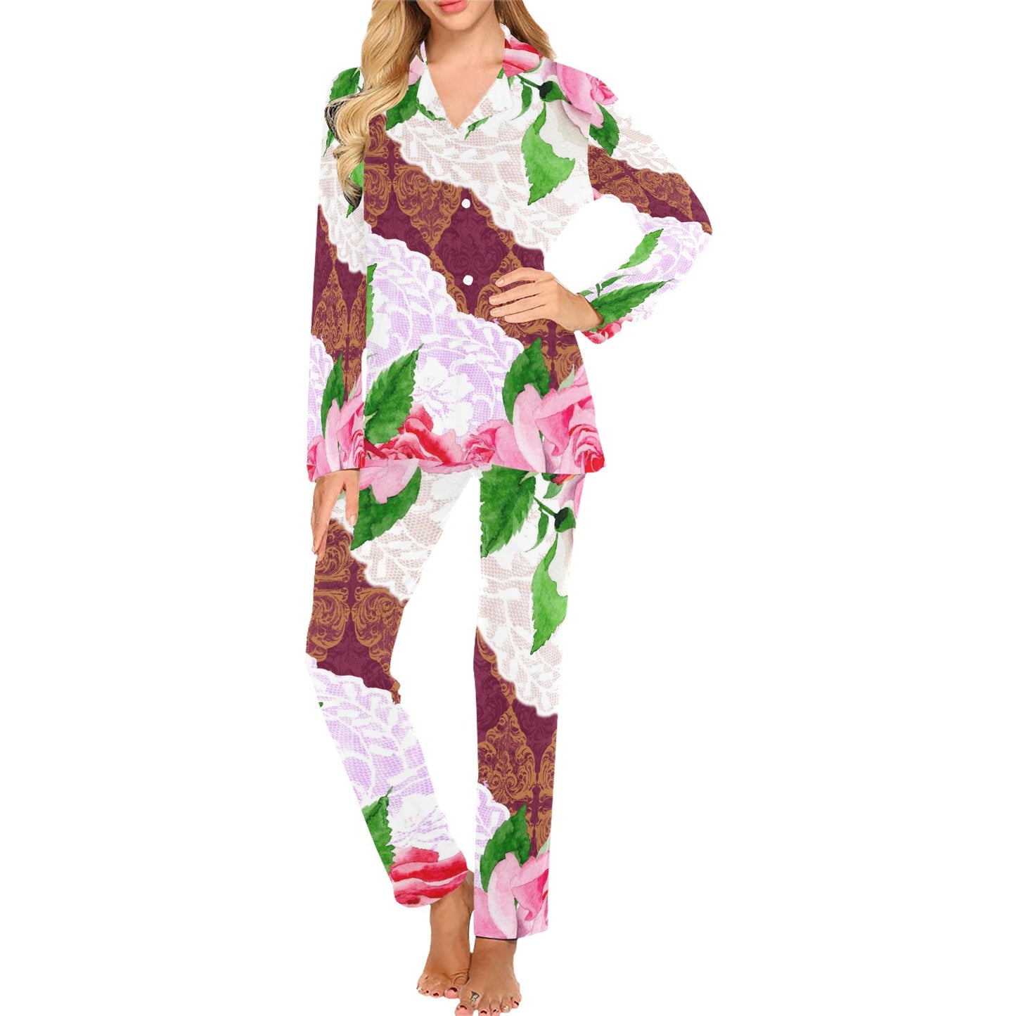 Victorian printed lace pajama set, design 19 Women's Long Pajama Set (Sets 02)