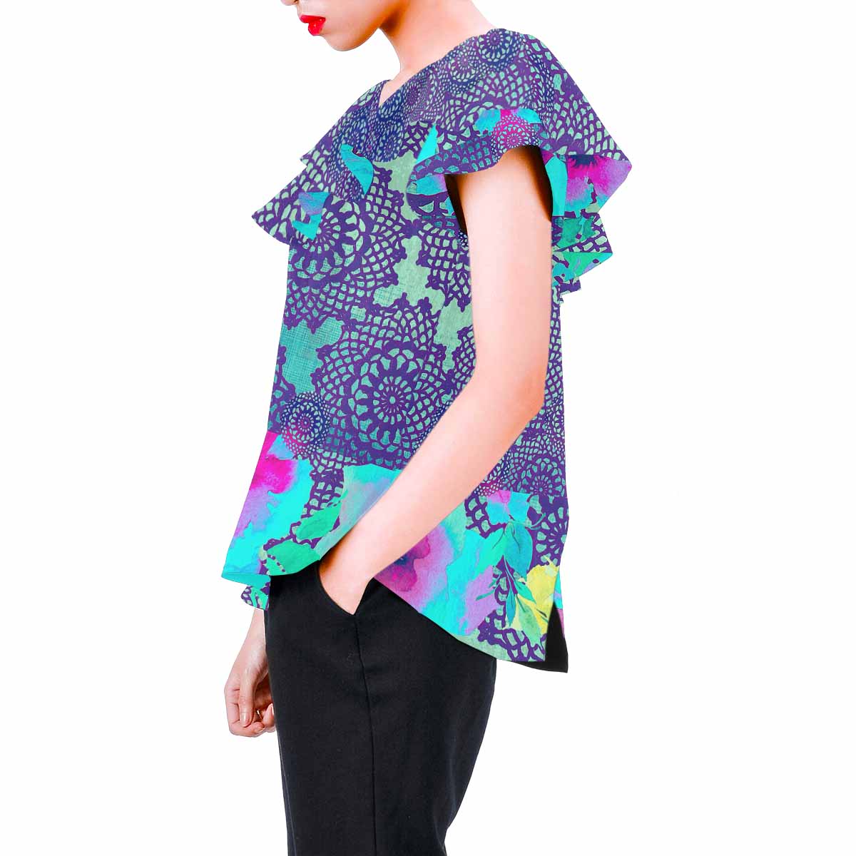 Victorian Lace print Chiffon Blouse, design 14