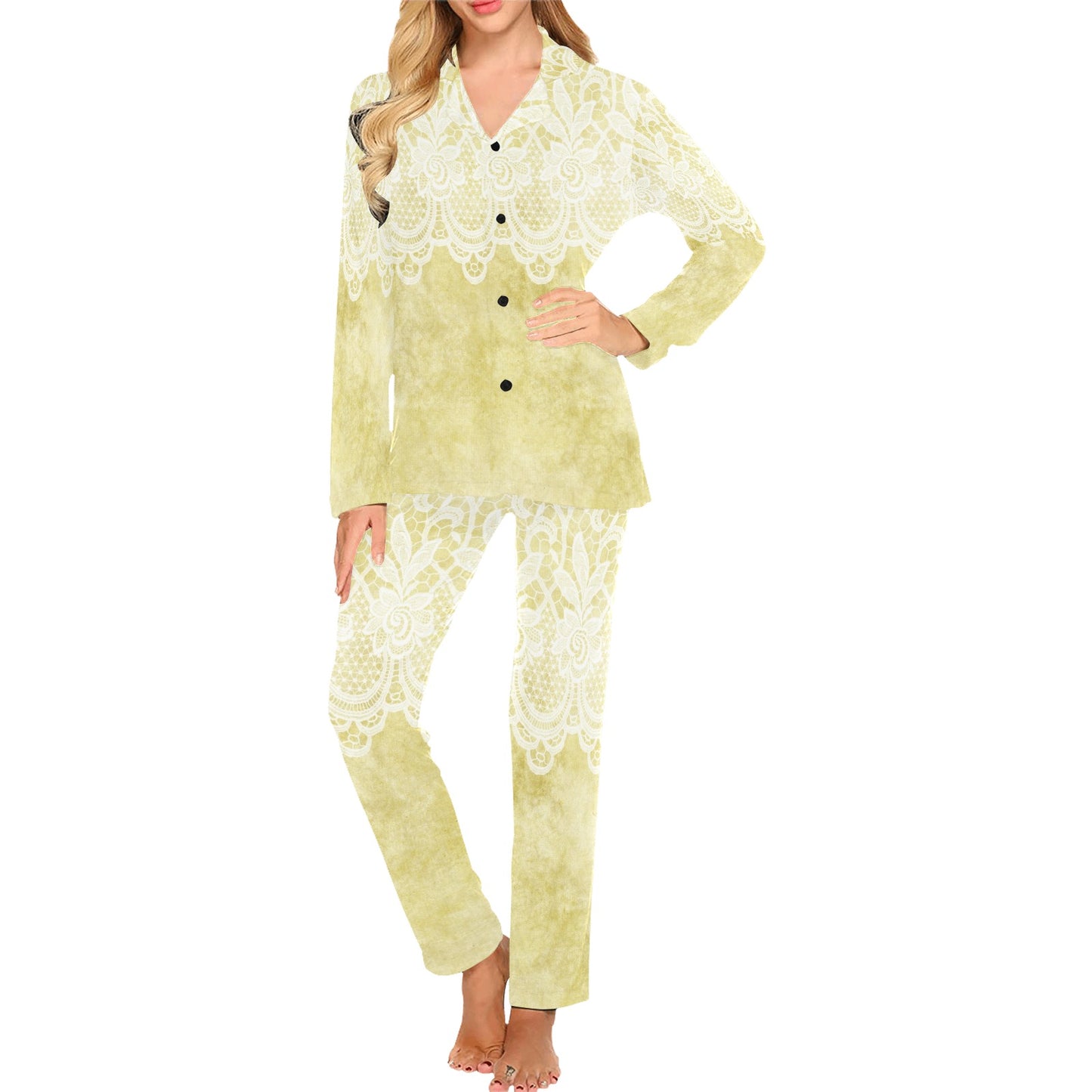 Victorian printed lace pajama set, design 44 Women's Long Pajama Set (Sets 02)