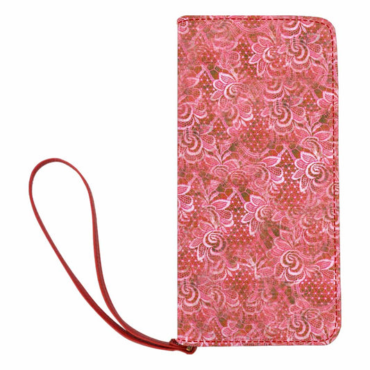 Victorian lace print womens wallet, clutch purse, red trim, design 33