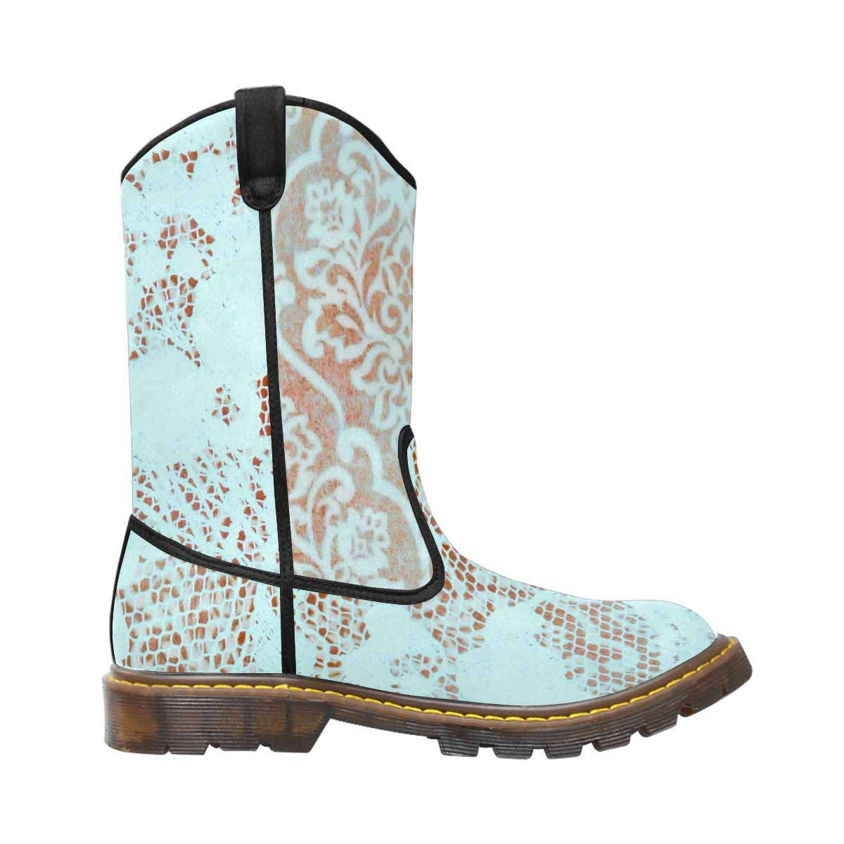 Victorian lace print, western lumber boots, design 23
