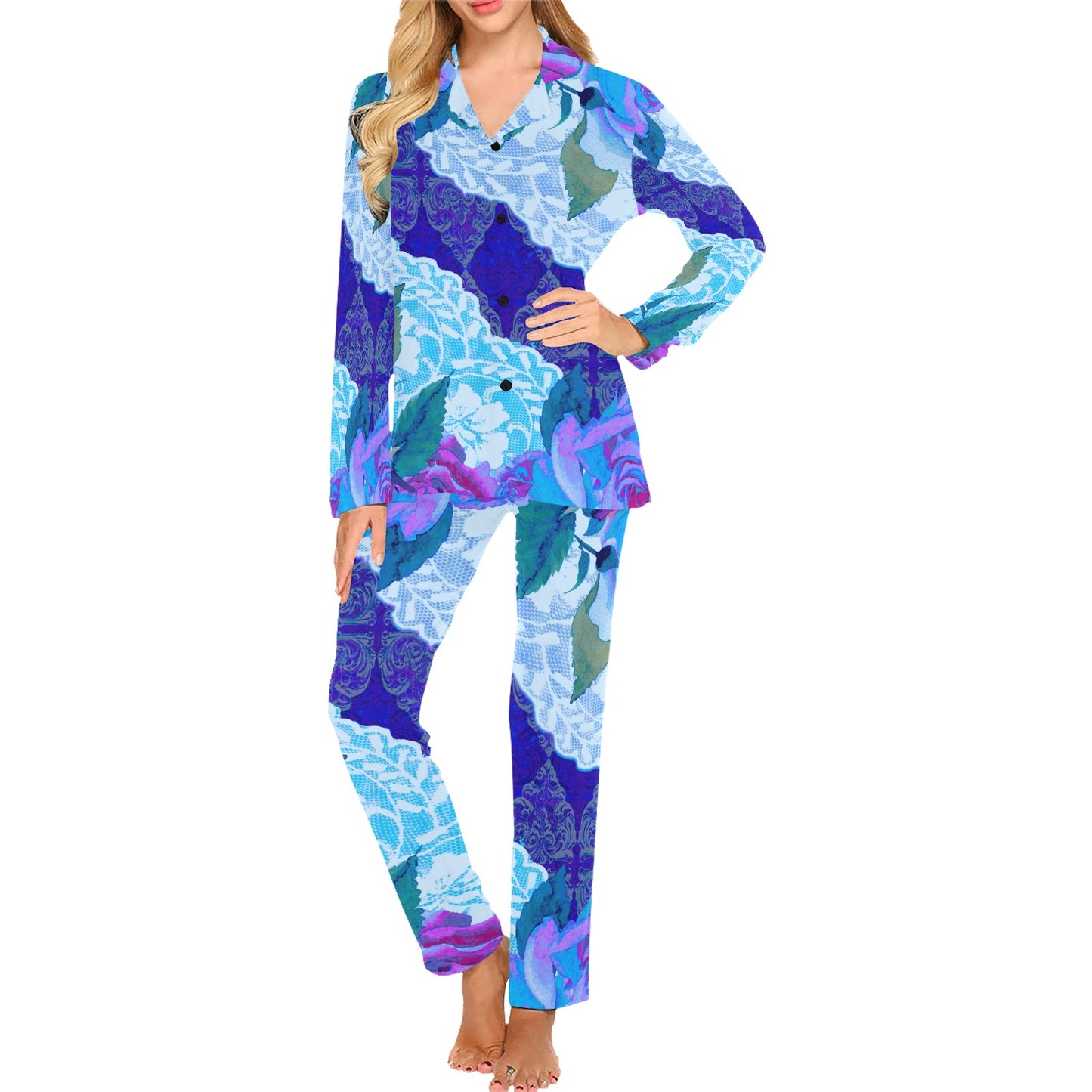 Victorian printed lace pajama set, design 20 Women's Long Pajama Set (Sets 02)