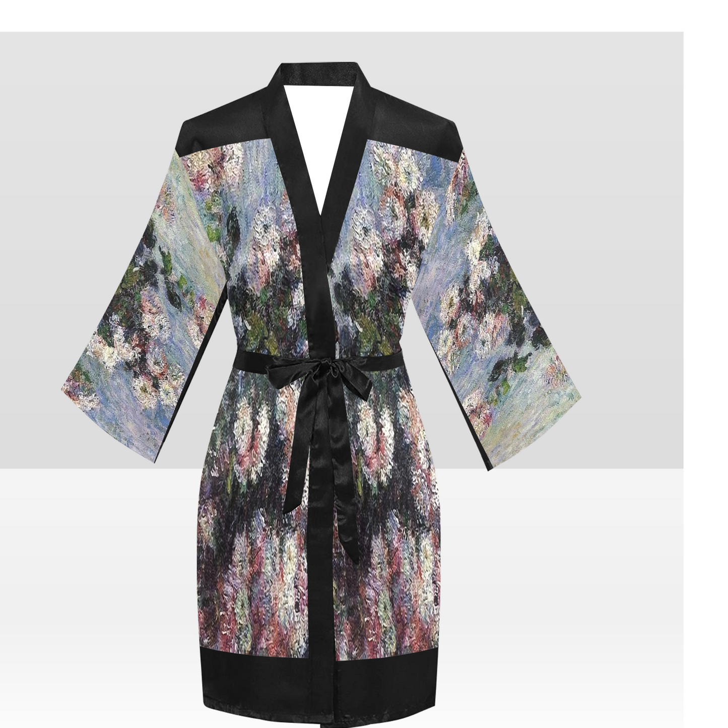 Vintage Floral Kimono Robe, Black or White Trim, Sizes XS to 2XL, Design 44