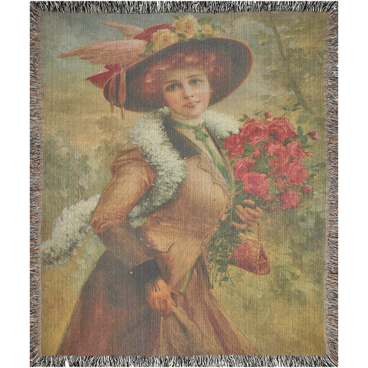 100% cotton Victorian Lady design design woven blanket, 50 x 60 or 60 x 80in, Elegant Lady with a Bouquet of Roses