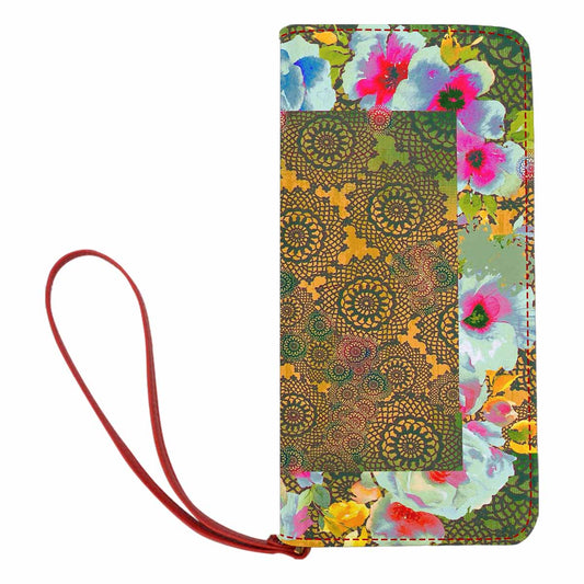 Victorian lace print womens wallet, clutch purse, red trim, design 15