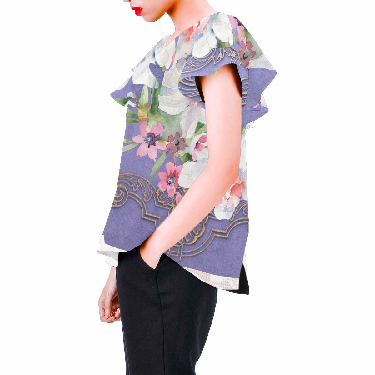 Victorian Lace print Chiffon Blouse, design 47