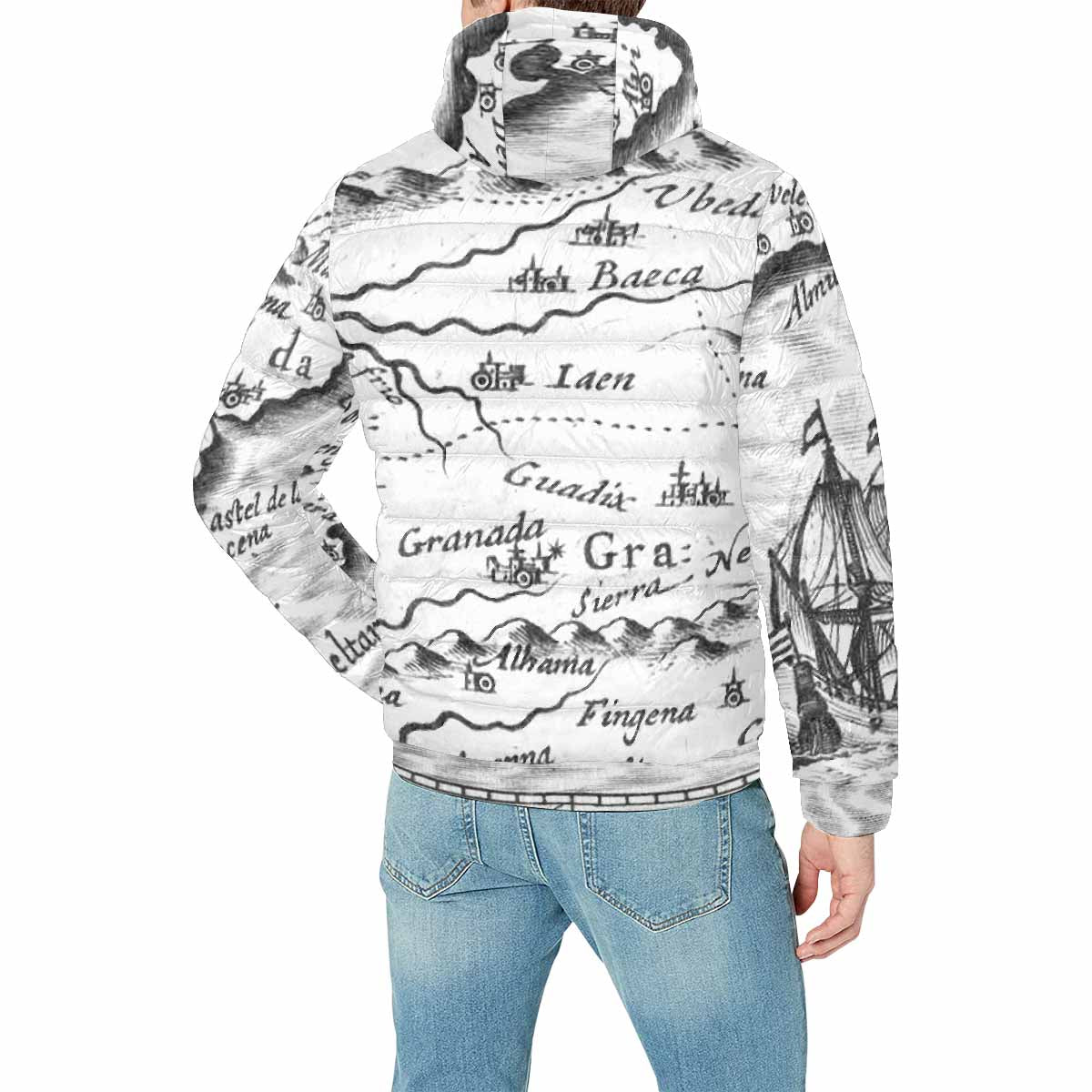Antique Map design, mens lightweight, warm, quilted hooded bomber jacket, design, 23