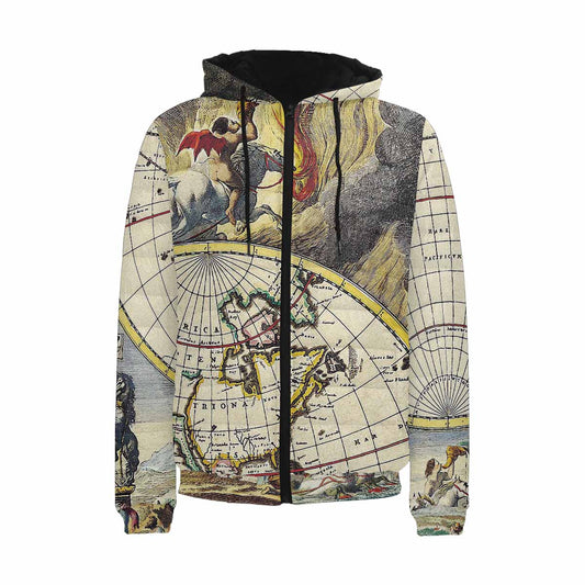 Antique Map design, mens lightweight, warm, quilted hooded bomber jacket, design, 19