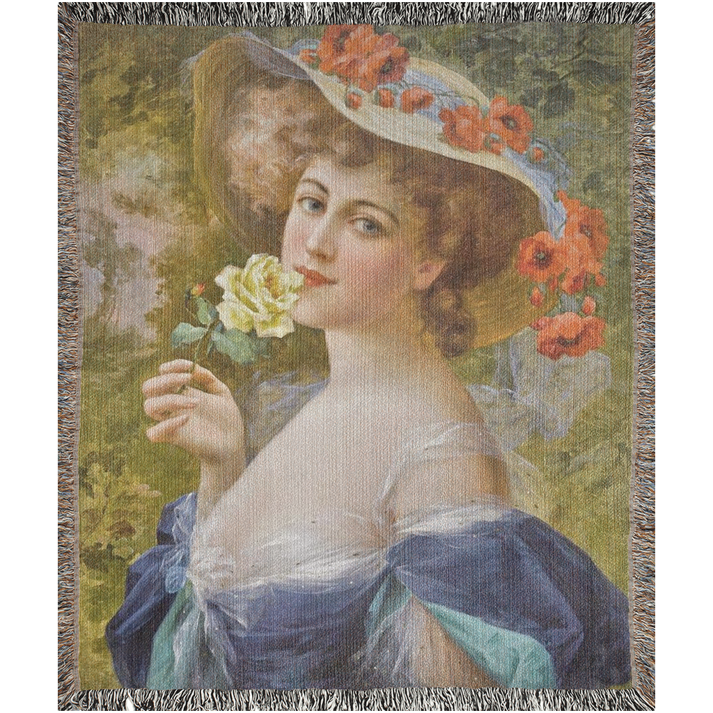 100% cotton Victorian Lady design design woven blanket, 50 x 60 or 60 x 80in, Woman with yellow rose at mouth
