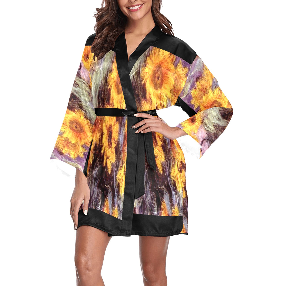 Vintage Floral Kimono Robe, Black or White Trim, Sizes XS to 2XL, Design 49