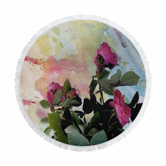 Vintage Floral circular plush beach towel, fringe edges, Design 21