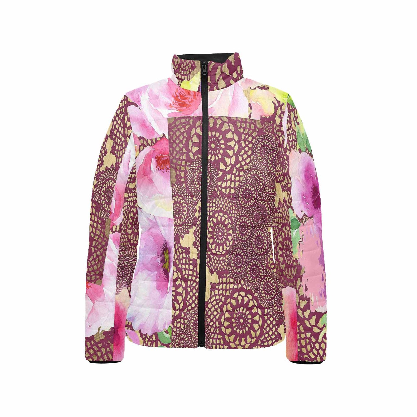 Victorian Lace print womens padded quilted jacket, design 13