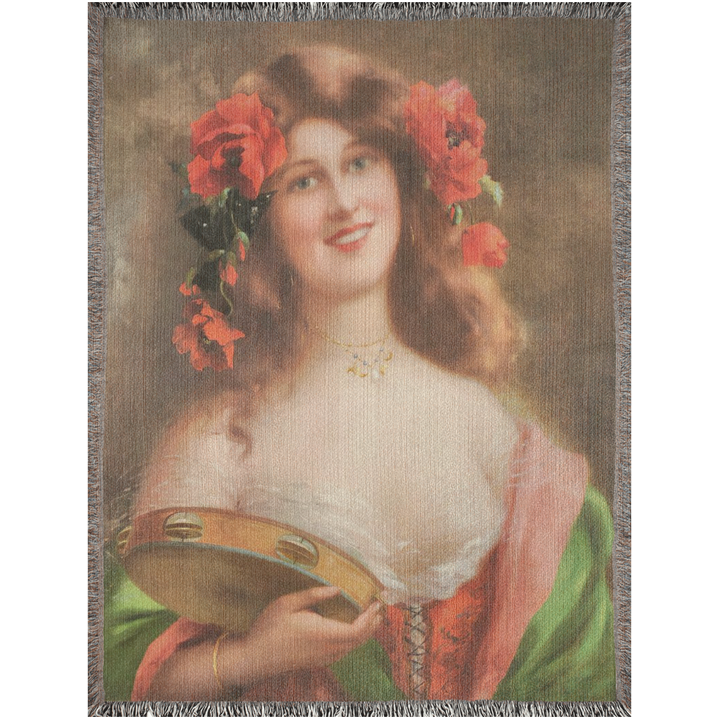 100% cotton Victorian Lady design design woven blanket, 50 x 60 or 60 x 80in, Tambourine Girl