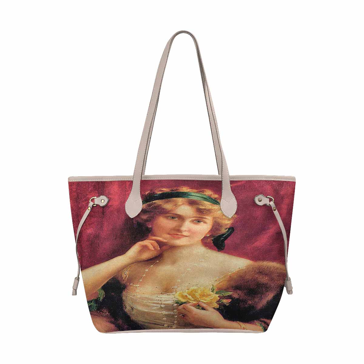 Victorian Lady Design Handbag, Model 1695361, Elegant Lady With A Yellow Rose, BEIGE/TAN TRIM